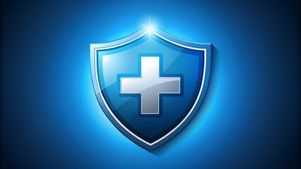 Obraz premium Glossy blue shield with a white cross symbol and bright light flare