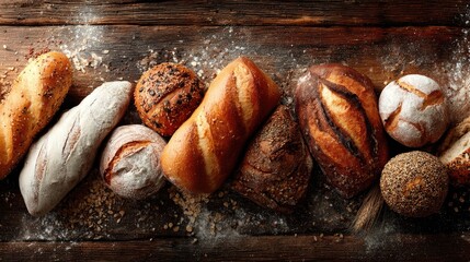Assortment of artisan breads on a rustic wooden surface