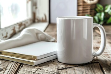 Ultra Quality Image of White Ceramic Mug and Notebooks on Wooden Table Indoors