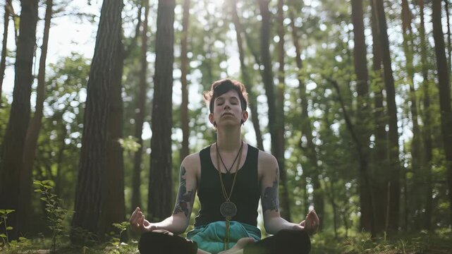 Peaceful meditator sitting cross legged amid tall forest trees, warm sunlight streaming through verdant branches, practicing mindful stillness in natural woodland setting