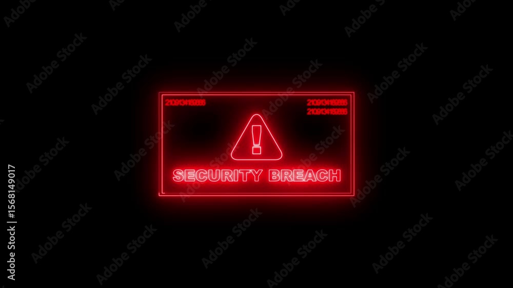 Poster digital warning displaying security breach alert with glowing neon text and alert sign on black back