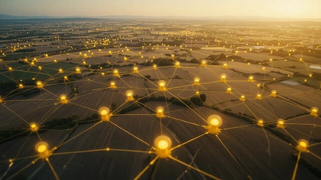 Golden Hour Smart Farm Network: Aerial Drone View of Connected Agriculture