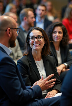 A professional businesswoman with glasses smiles engagingly, actively listening to a colleague during a productive networking session at a business conference or seminar.
