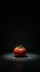 Single tomato illuminated on a dark surface against a black background in a studio setting