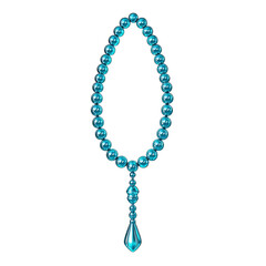 Teal beaded necklace with teardrop pendant against black background
