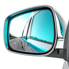 Teal car side mirror reflecting highway scene