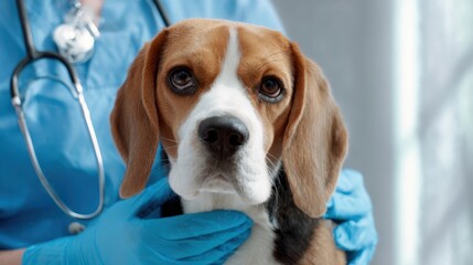 The beagle receiving care from a veterinarian in a modern clinic setting.