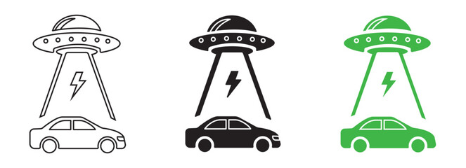 Electric Car Charging by UFO, Futuristic Concept Icon Set, Car charging point icon png. Electric plug symbol. Electricity sign. Green energy vector illustration. Wire with plug