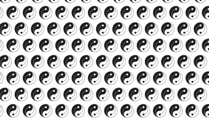 Seamless black and white yin yang pattern with varying sizes. Ideal for spiritual-themed backgrounds, meditation designs, textiles, wallpapers, and decorative art