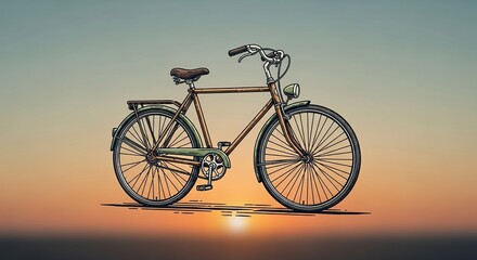 Fototapeta premium Vintage Bicycle Silhouette Against Sunset: Retro Bike Illustration, Warm Colors.