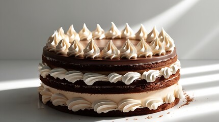 Elegant chocolate cake topped with creamy icing, beautifully captured against a white background for bakery or dessert visuals.
