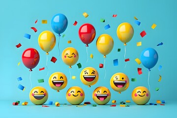 Joyful emoji balloons and confetti celebrate a happy occasion on a bright blue background