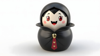 3D-rendered vampire matryoshka with fangs, red eyes, and a dark cloak. Mysterious and gothic, keeping the traditional doll shape, isolated on white background.