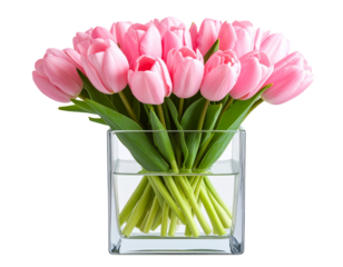 Compact Pink Tulip Arrangement in a Small Square Glass Vase, Transparent Background