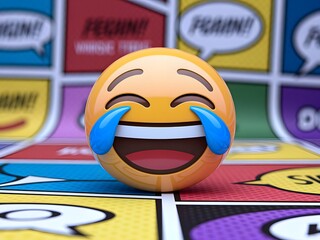 Laughing emoji crying tears of joy on a colorful comic book panel background