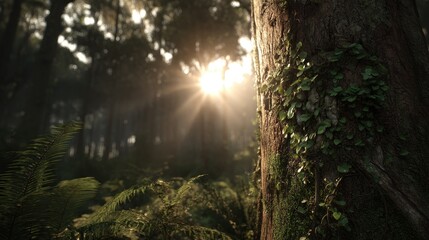 Obraz premium Sunlight streams through a misty forest, illuminating a tree trunk covered in moss and small plants