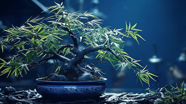 bonsai bamboo in Delfts Blauw realistis and slow,ai generative