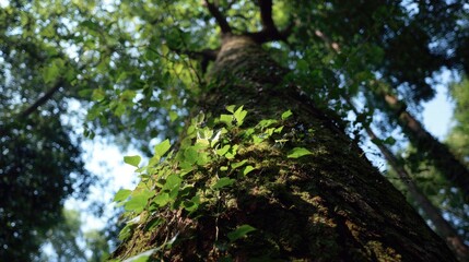Lush green forest canopy, towering tree trunk
