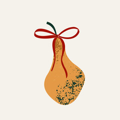 Pear with red bow. Retro textured illustration. Vector illustration