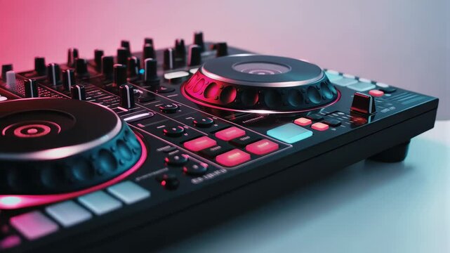 Dynamic pro DJ mixer panel glowing with vibrant, shifting lighting across electronic music control surface