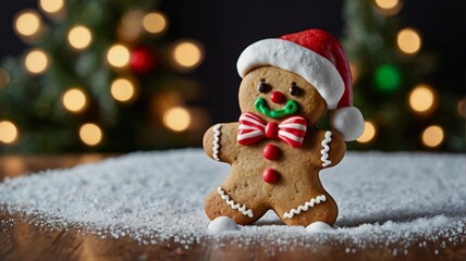 A gingerbread man with a red hat and a bow tie stands in front of a house