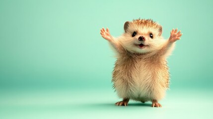 Delightful hedgehog stands cheerfully with outstretched paws against a vibrant turquoise background in a playful setting