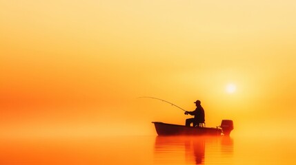 Morning fishing excursion on a calm lake with mist and sunrise in the background
