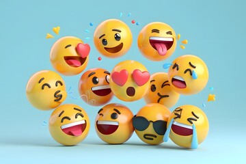 A vibrant collection of diverse emoji faces expressing a range of emotions against a light blue background
