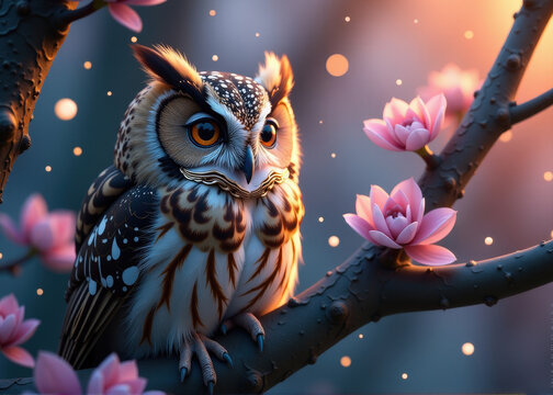 A stunning owl perched on a branch adorned with cherry blossoms during twilight. poster for printing, pictures, notebooks - Powered by Adobe