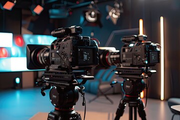 Two Professional Cameras in a Television Studio with Lighting and a Screen in the Background
