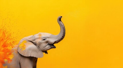 Playful elephant sprays water against a vibrant yellow background creating a joyful and artistic atmosphere of celebration and fun moments