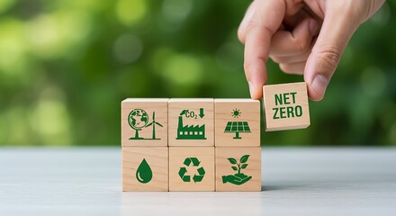 Emphasizing an eco-conscious mindset, this image captures the essence of environmental initiatives with wooden blocks depicting solar power, wind energy, and reduced emissions, all culminating in the 