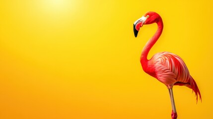 Bright pink flamingo stands elegantly against a vibrant yellow background in a cheerful setting that evokes a sense of summer and tropical beauty