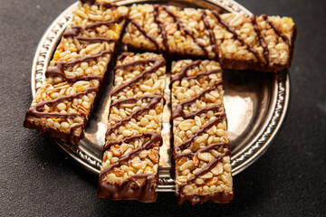 Cereal bar whole grain healthy eating sweet dessert fresh delicious gourmet food background on the...