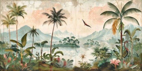 Wallpaper serene tropical landscape painting in pastel tones	
