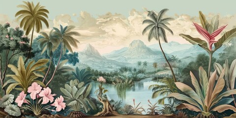 Wallpaper serene tropical landscape painting in pastel tones	
