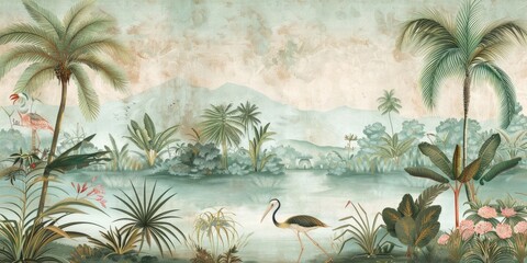Wallpaper serene tropical landscape painting in pastel tones	
