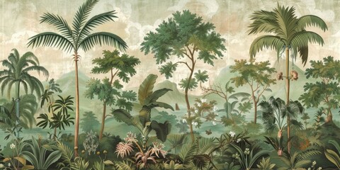 Wallpaper serene tropical landscape painting in pastel tones	
