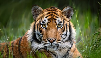 Obraz premium close up of a sumatra tiger in grass staring intently at the lens