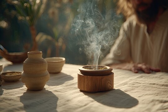 A man in simple clothes, possibly a monk, sits by a wooden incense burner, surrounded by ceramic bowls and a light-colored cloth.  Smoke rises