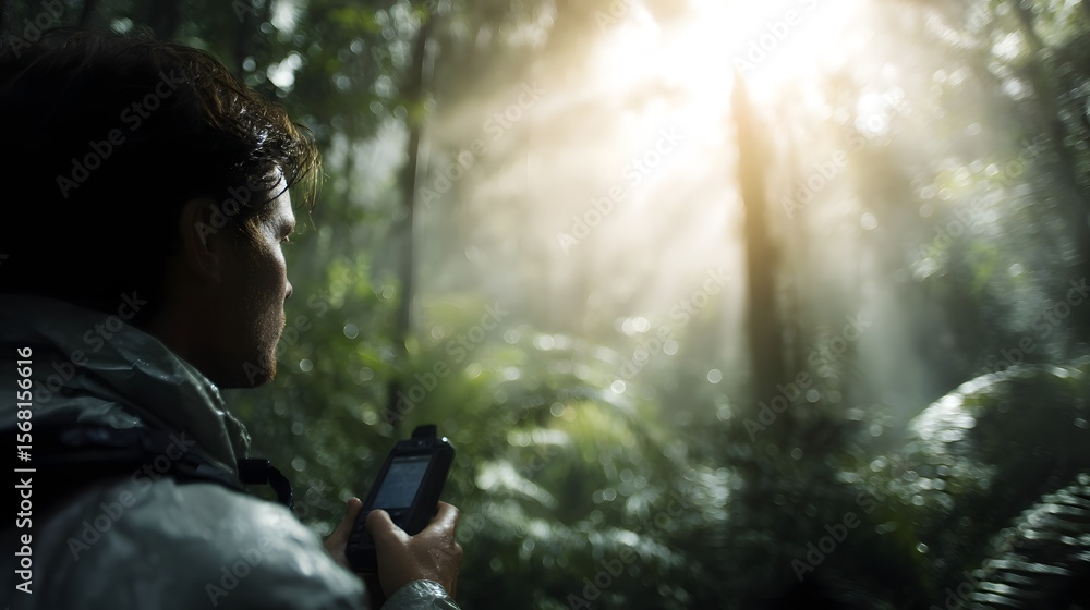 Poster scientist monitoring environmental sensors in a jungle setting with natural lighting