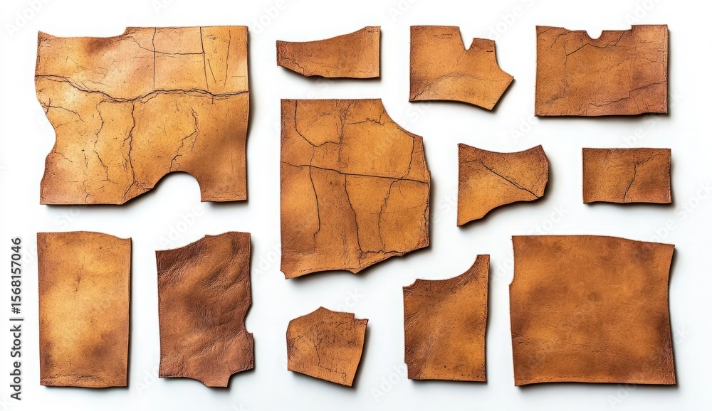 Poster assorted tan leather textures with unique patterns and cracks for artistic and design applications