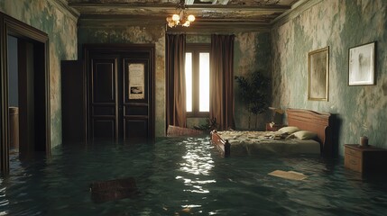 Flooded hallway waterlogged chairs and doors in dimly lit corridor, textured wallpaper background