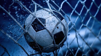 The striking soccer ball splashes through the net in a moment of victory.