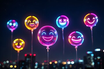 Vibrant neon smiley face balloons float above a bokeh cityscape at night