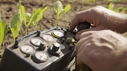 Close up of the controls and dials of a fertilizer spreader with a farmers hands adjusting them set...