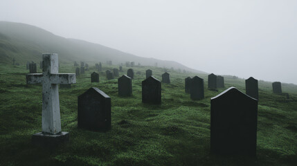 Misty graveyard with weathered tombstones on foggy hillside creating eerie atmosphere