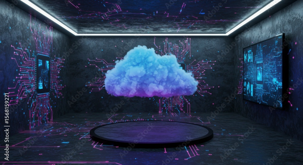 Poster futuristic cloud computing concept. abstract digital cloud hovering above a circular platform in a d
