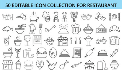  minimalist restaurant icons. editable line art food and kitchen collection, restaurant and food service vector illustrations