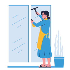 Illustration of an House Keeper Wiping Window Cartoon